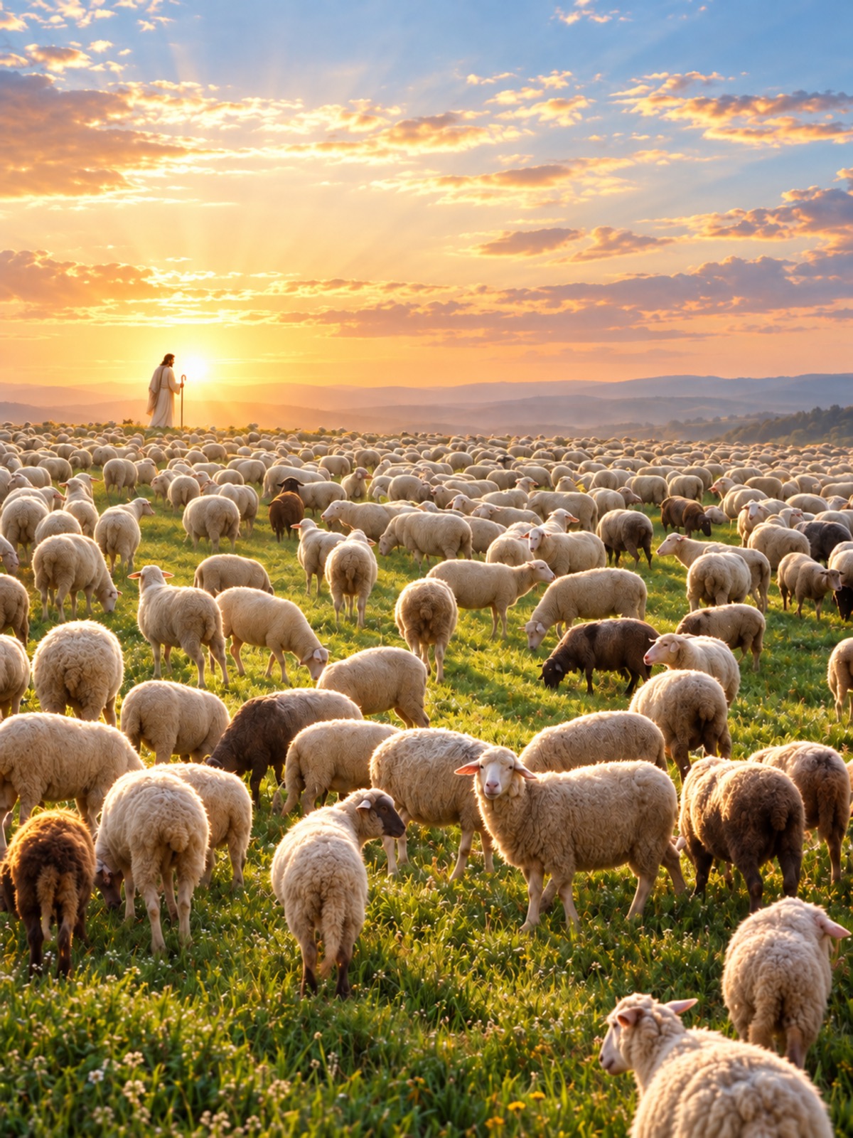Jesus als Hirte im Morgenlicht, vor ihm eine große Herde Schafe auf einer Wiese